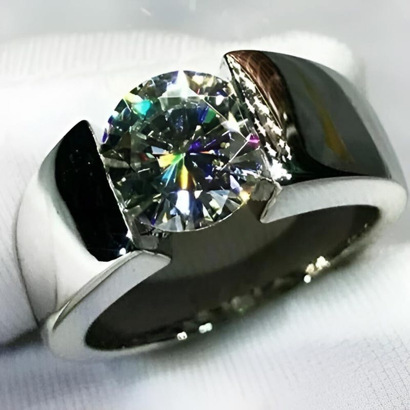 Round Moissanite Diamond Men's Ring, 14K White Gold Finish, Solitaire Engagement Ring