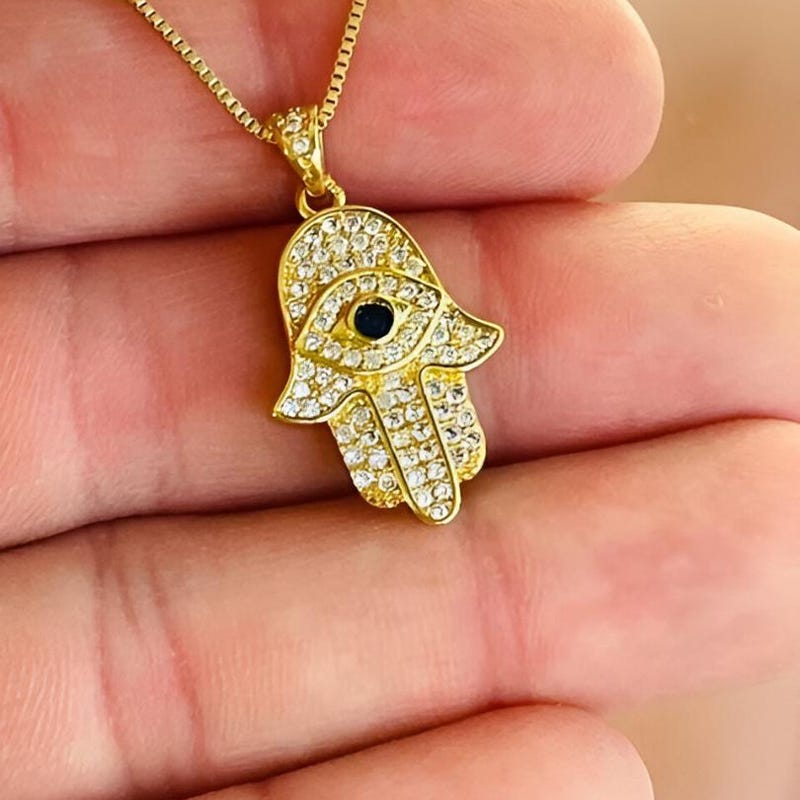 CZ Diamond Hamsa Hand Pendant Necklace, 14k Gold Plated Sterling Silver