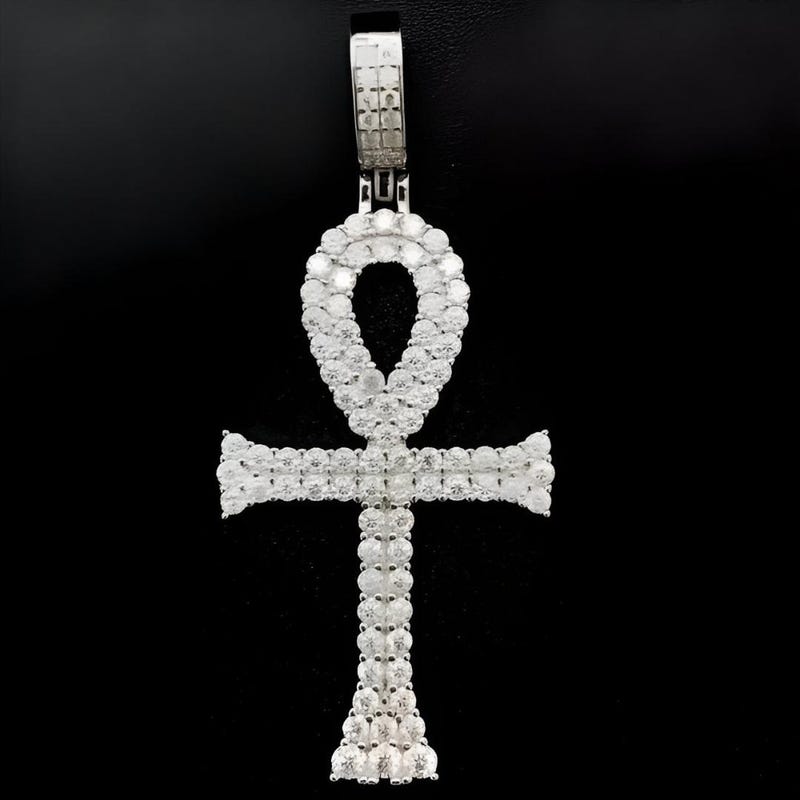Lab Diamond Ankh Cross Pendant, 925 Silver, White Gold Plated