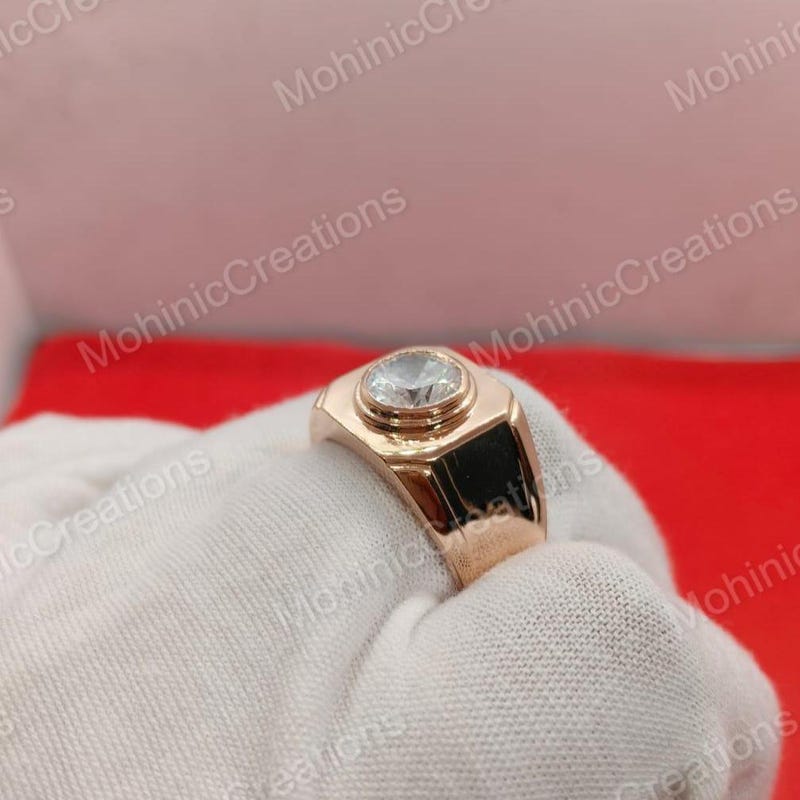 Mens Moissanite Ring, 925 Sterling Silver, Rose Gold Plated, Handmade