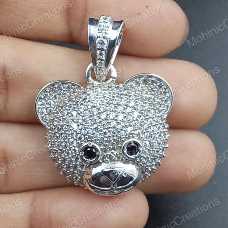 925 Silver Teddy Bear Pendant Necklace, 2.00Ct Round Cut Diamond, 14k White Gold Plated