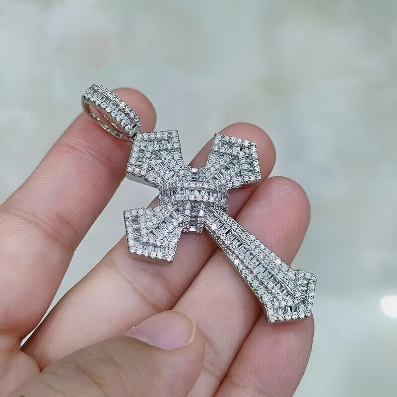 2Ct Baguette Cut Diamond Cross Men's Pendant 14k White Gold Plated, 925 Sterling Silver