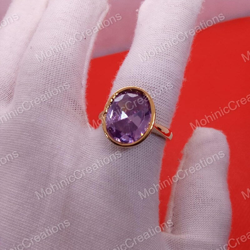 Purple Amethyst CZ Diamond Ring, 14k Yellow Gold Plated, Sterling Silver Men's Wedding Band