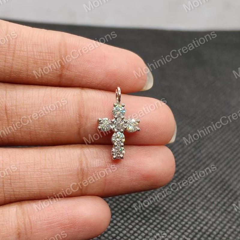 Moissanite Diamond Cross Pendant, Sterling Silver Religious Necklace
