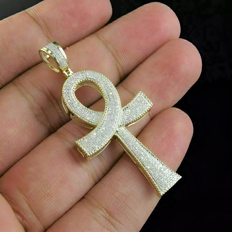 CZ Diamond Ankh Cross Pendant, 14K Gold Finish, Sterling Silver