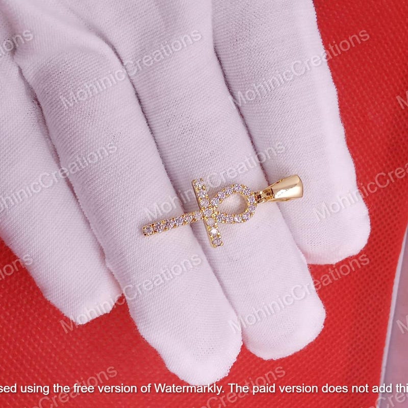 Lab Diamond Ankh Cross Pendant, 14k Gold Plated Sterling Silver