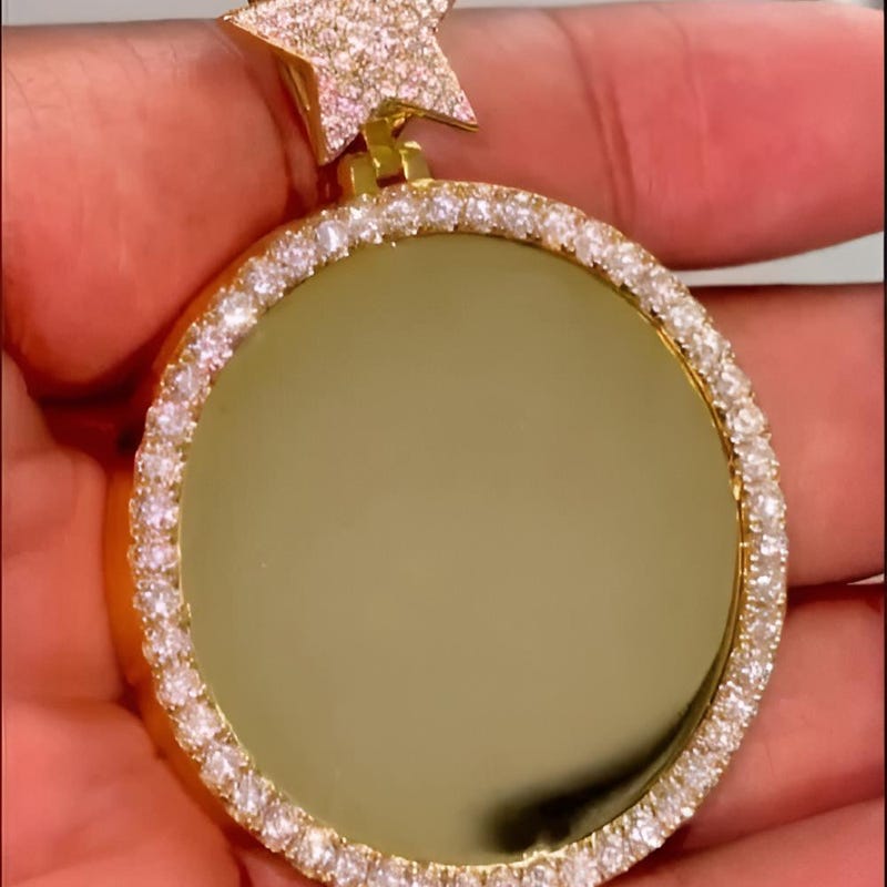 CZ Diamond Circle Photo Pendant | 14K Gold Plated, Custom Medallion
