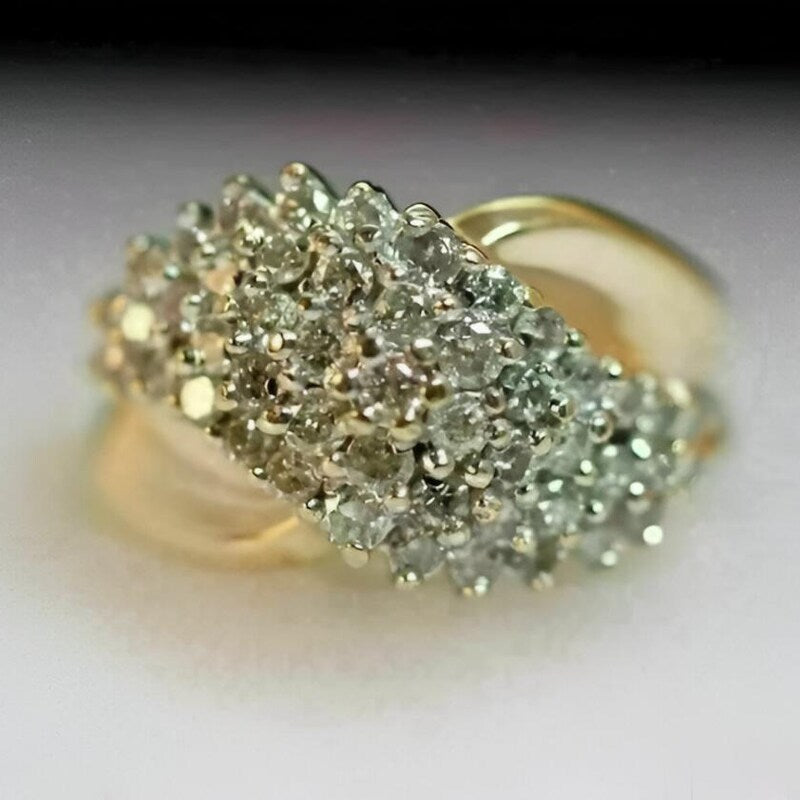 Art Deco Engagement Ring, 14K Yellow Gold Plated, Filigree CZ Cluster Ring