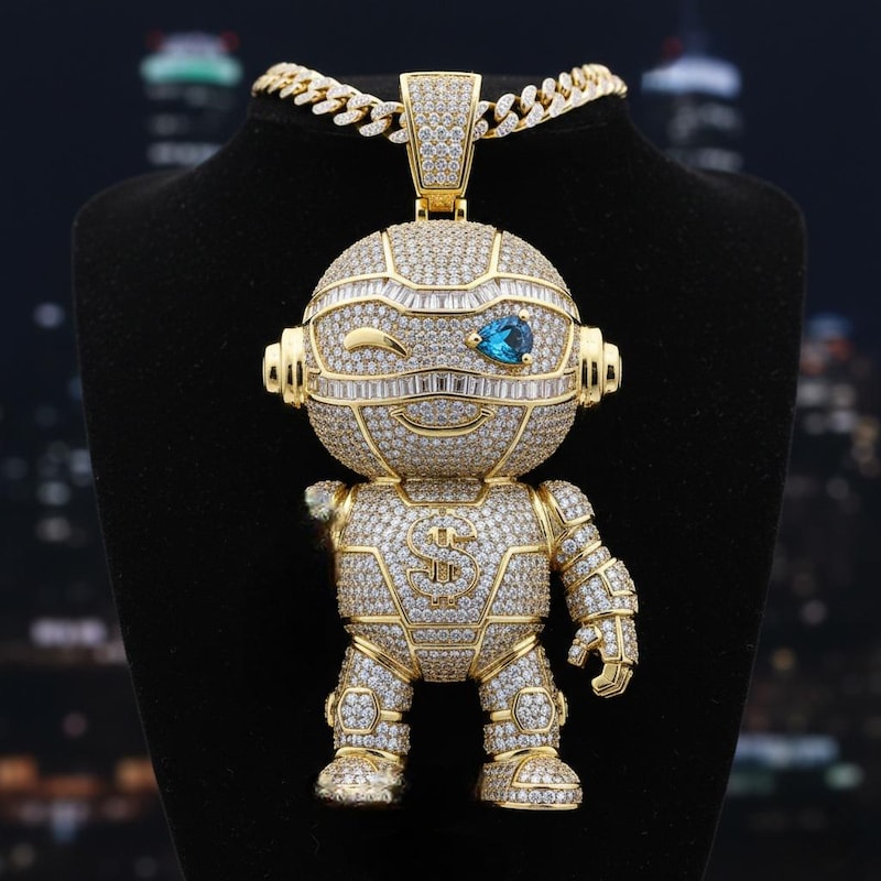 Moissanite Iced Out Cash-Bot Pendant | 10K Gold Fn Custom Cartoon Jewelry | 3-4 Inch Large Statement Rapper Piece