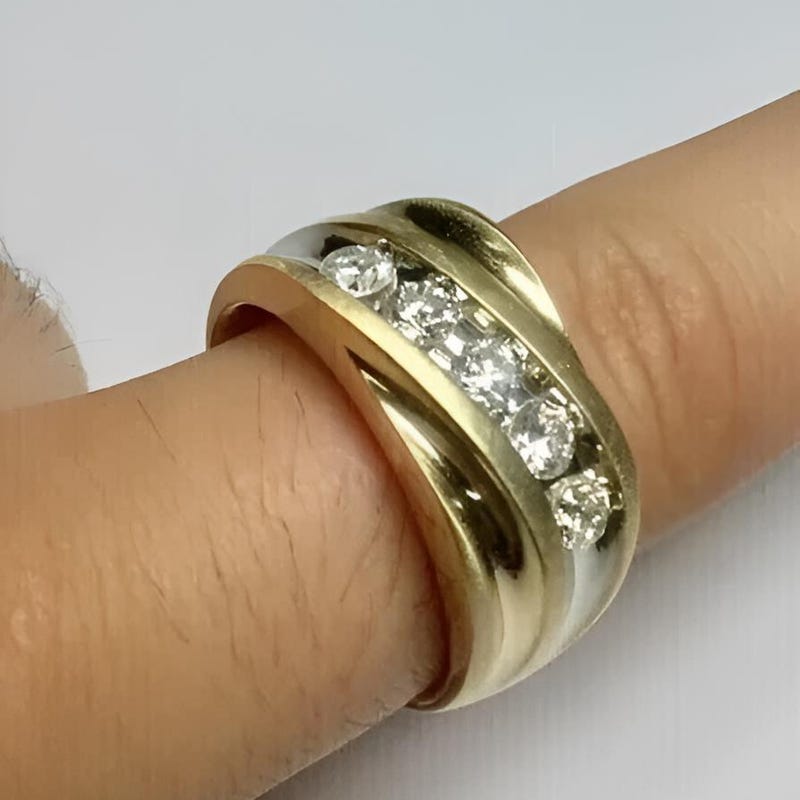 2CT Round Cut Lab Created Diamond Men's Wedding Band Ring 14K Yellow Gold Plated, 5 Stone Ring, Engagement Ring, 925 Sterling Silver