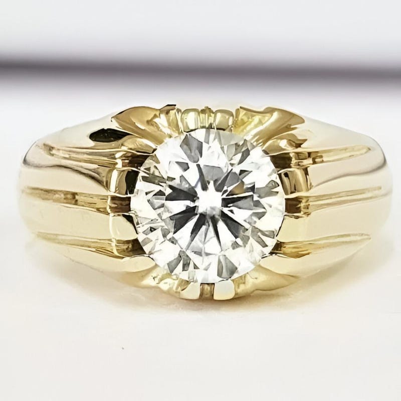 Round Cut Moissanite Ring, 14K Yellow Gold Finish, Unisex Band