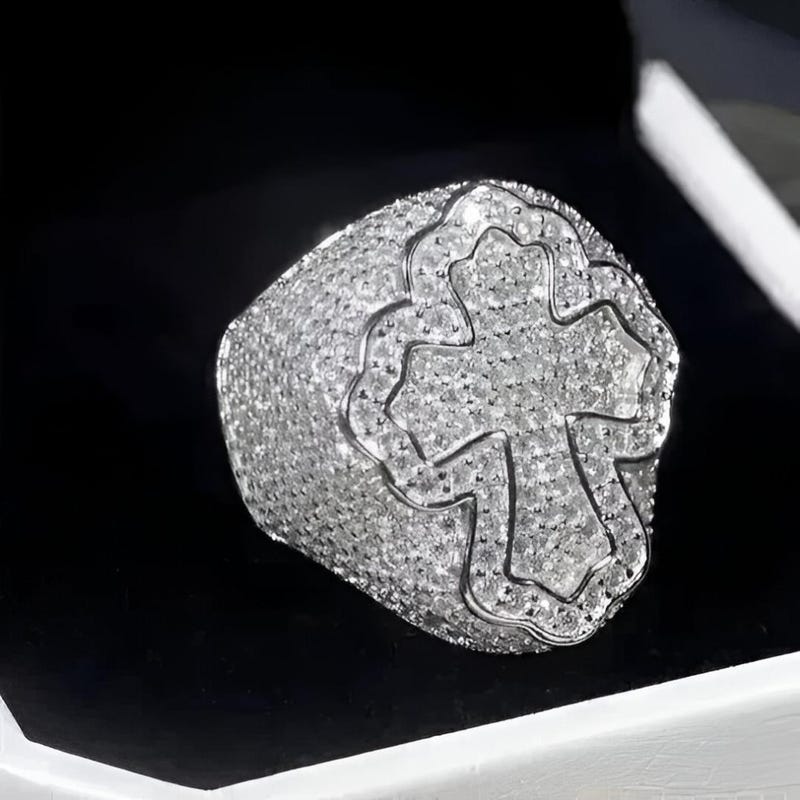 Moissanite Cross Ring, 14K White Gold Plated Sterling Silver