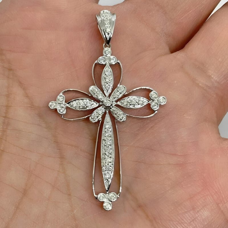 CZ Diamond Cross Pendant Necklace, 925 Sterling Silver, Religious Jewelry