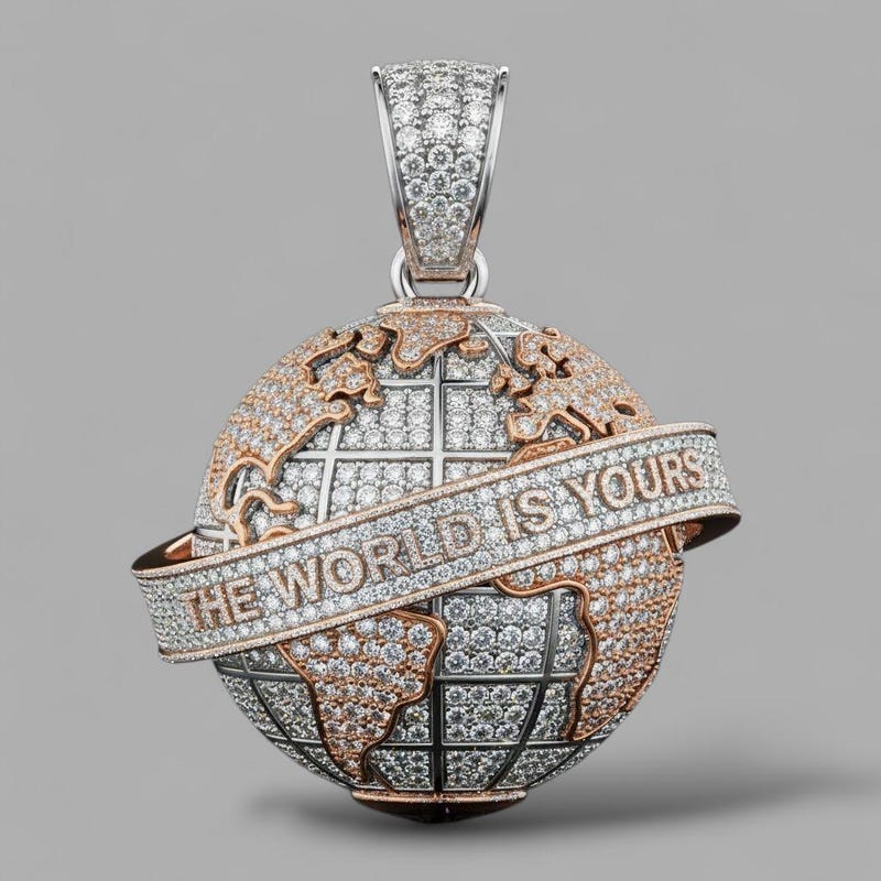 Fully Iced Out Diamond Earth Pendent, Globe Charm, Round Micro Pave Stone Hip Hop Two Tone Pendent, Statement Gift for Him