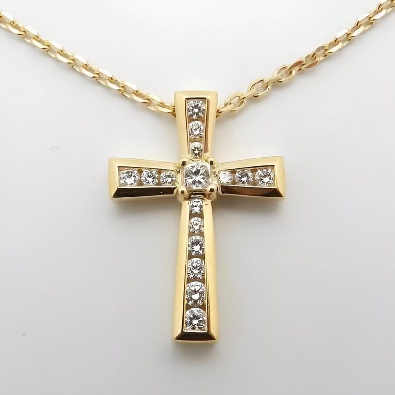 Moissanite Diamond Cross Pendant Necklace, 14k Yellow Gold Plated, Religious Gift