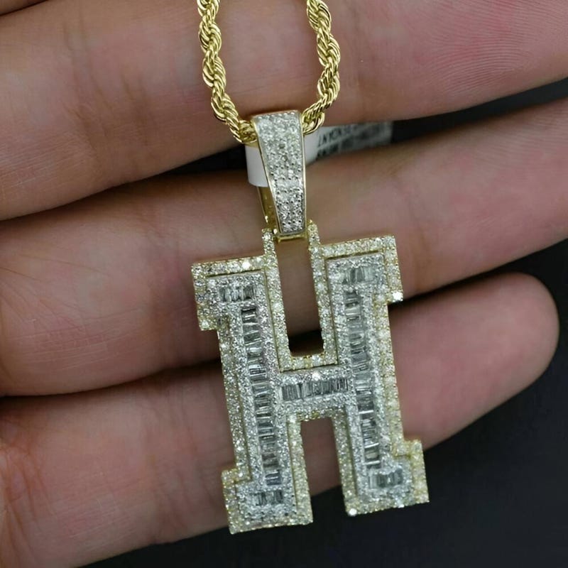 Custom "H" Initial Pendant, CZ Diamond, 14k Yellow Gold Plated, Sterling Silver