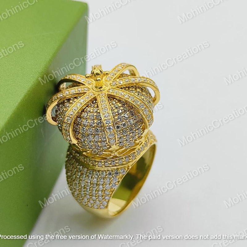 4Ct Lab-Created Diamond Men's Ring • Round Cut Crown Design • 14K Yellow Gold Plated