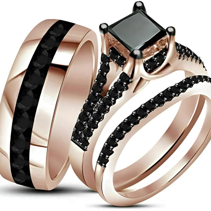 Black CZ Diamond Wedding Ring Trio Set: Rose Gold Sterling 925 Silver