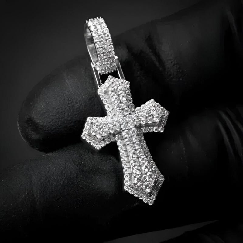 Moissanite Diamond Cross Charm Pendant, Sterling Silver, White Gold Plated