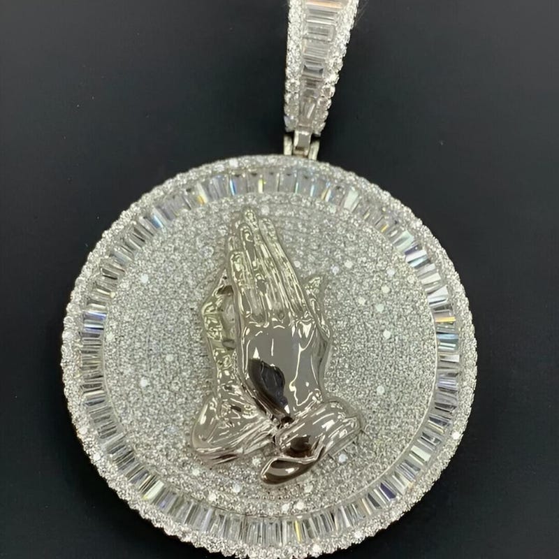 Baguette CZ Diamond Personalized Praying Hands Custom Charm Pendant| Silver| Men's Gift