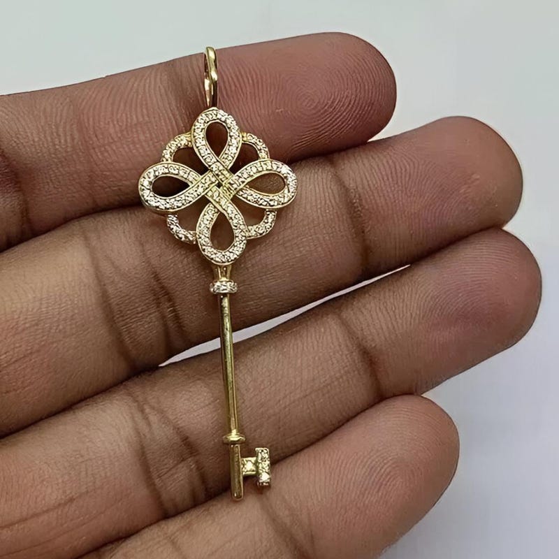 925 Silver Women's Gift Moissanite Diamond Key Pendant Necklace, 14K Gold Plated
