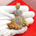 Round Cut Moissanite Diamond Money Bag & Dollar Pendant | 14K Yellow Gold Plated Hip Hop Jewelry