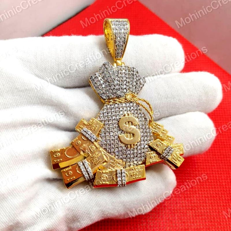 Round Cut Moissanite Diamond Money Bag & Dollar Pendant | 14K Yellow Gold Plated Hip Hop Jewelry