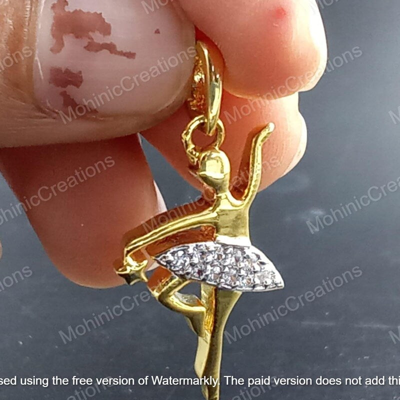 Moissanite Diamond Dancing Ballerina Tutu Pendant 18" Necklace, 14K Yellow Gold Plated 925 Sterling Silver