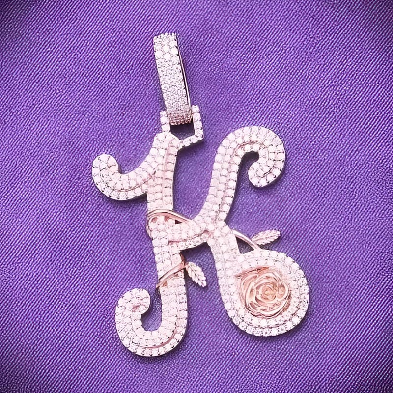 Men's Gift For Custom Initial any Letter Pendant, Round Cut Cubic Zirconia, Sterling Silver, Men's Jewelry 14k Rose Gold Plated