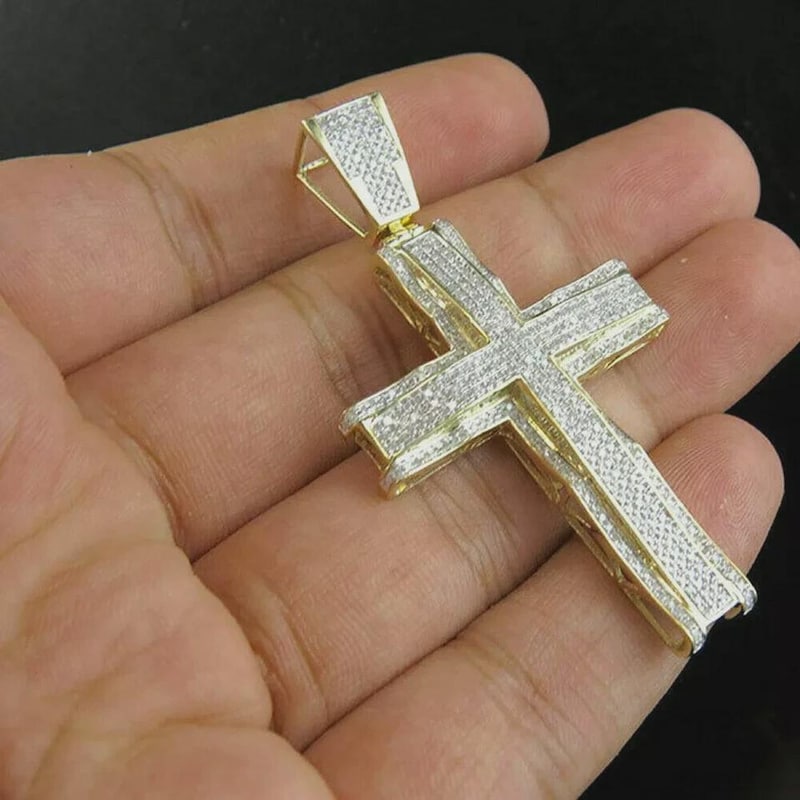 Round Cut Moissanite Diamond Custom Cross Men's Pendant 14k Two Tone Gold Plated