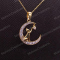 Gift For Her CZ Diamond Half Moon Pendant Necklace, 14k Yellow Gold Plated 925 Sterling Silver
