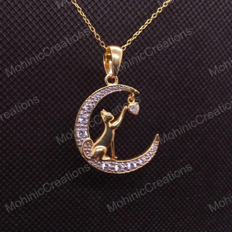 Gift For Her CZ Diamond Half Moon Pendant Necklace, 14k Yellow Gold Plated 925 Sterling Silver