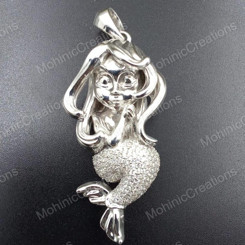 Women's Moissanite Diamond Mermaid Pendant Necklace, 14K White Gold Plated 925 Sterling Silver