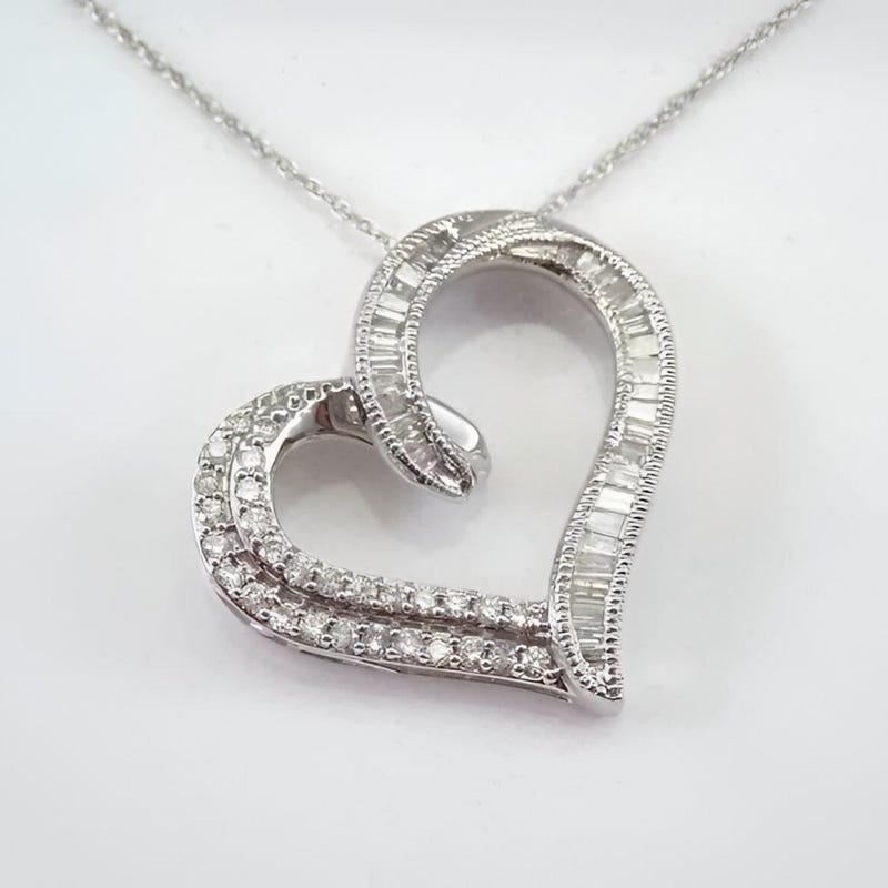 CZ Diamond Heart Pendant Necklace, 925 Silver, 14k White Gold Plated