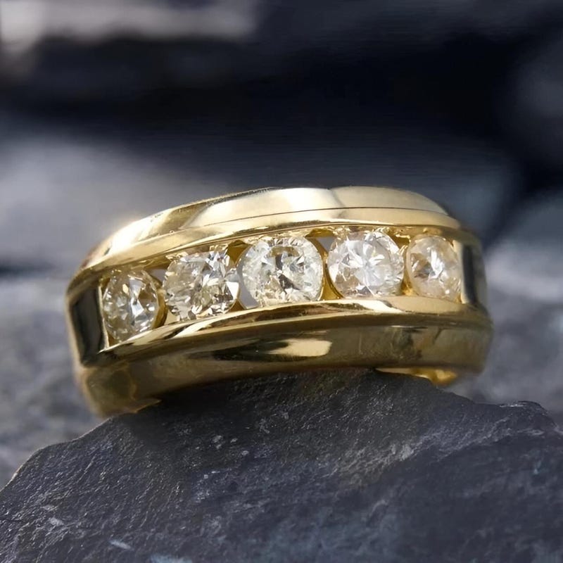 2Ct Round Cut Moissanite Diamond 5-Stone Men's Wedding Band 925 Silver 14K Yellow Gold Plated Engagement Ring, Anniversary, Birthday Gift