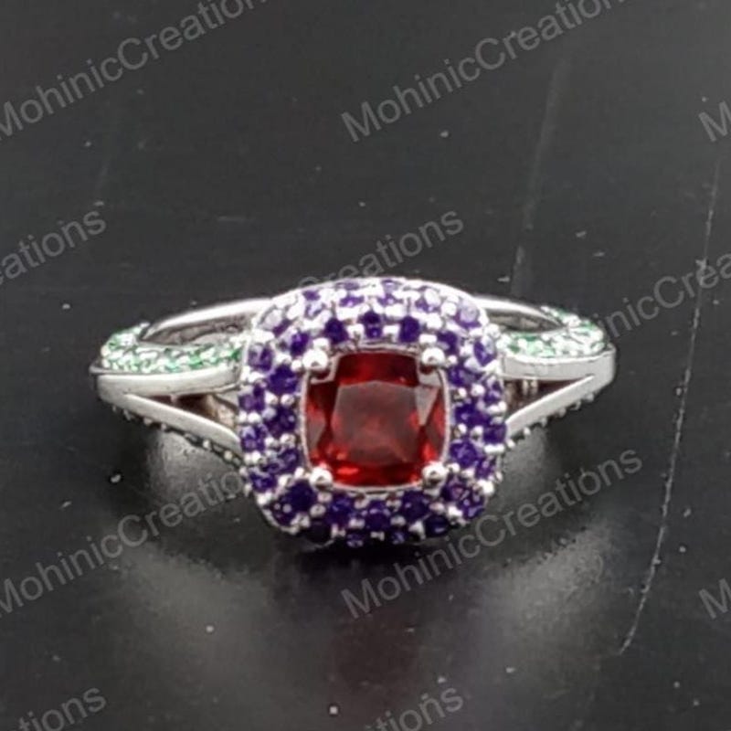 Red Garnet Halo Ring | Blue Sapphire, Diamond, 925 Sterling Silver