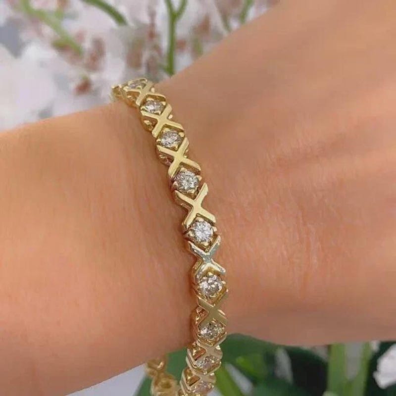 Round Cut Lab Created Diamond Women's Tennis Bracelet 14K Yellow Gold Plated