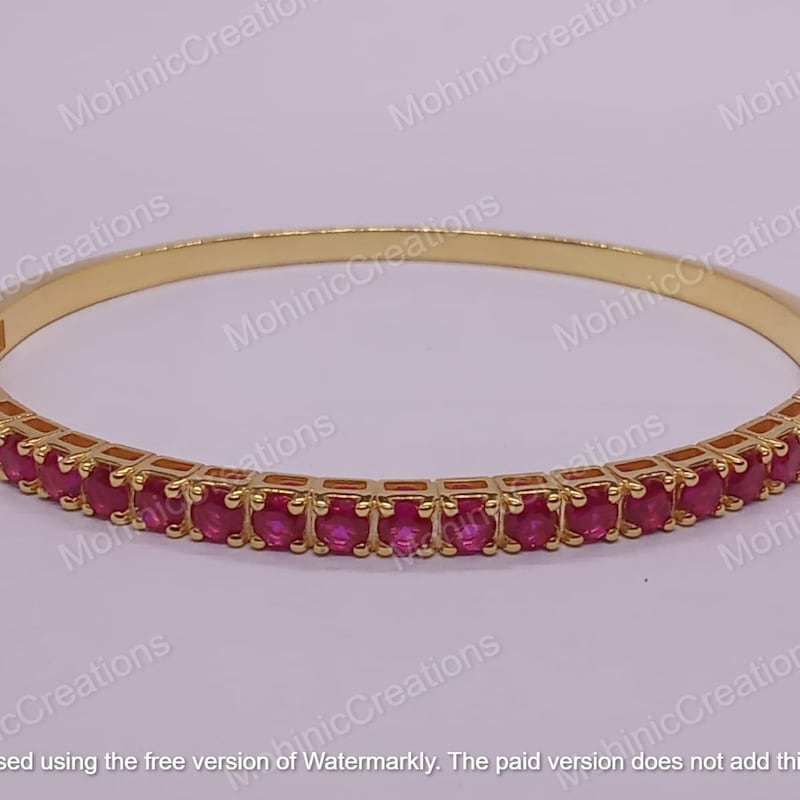 Women's Gift Silver Round Cut Red Ruby Tennis Bangle Bracelet, 14k Yellow Gold Plated