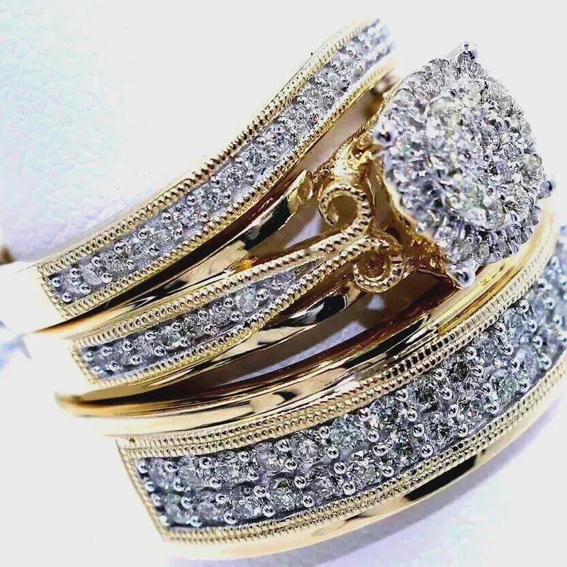 Moissanite Diamond Wedding Trio Ring Set – 14K Yellow Gold Plated, Sterling Silver