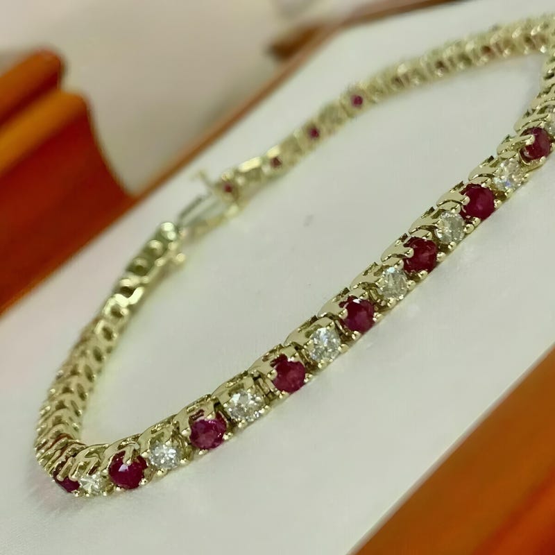 9Ct CZ Ruby & Diamond Tennis Bracelet for Women, Round Cut, 14K Yellow Gold Plated, Anniversary Gift