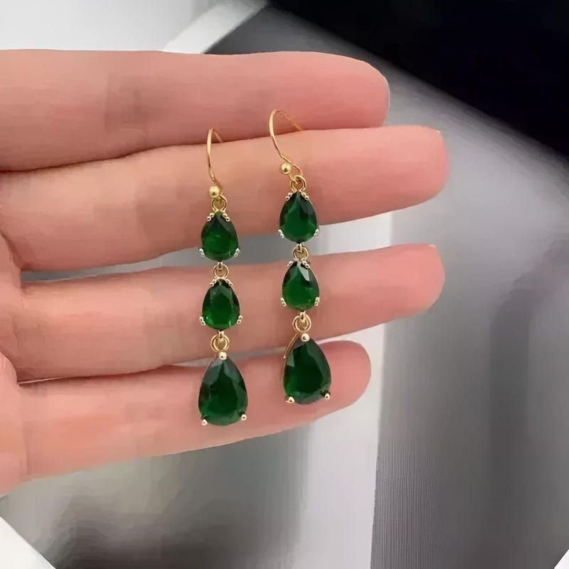 Pear Cut CZ Green Emerald Diamond Drop Dangle Earrings - 14K Yellow Gold Plated