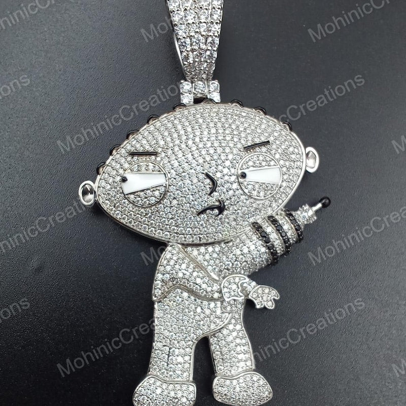 Men's Round Cut Moissanite Diamond Cartoon Charm Pendant, Unisex Gift 14K White Gold Plated 925 Sterling Silver