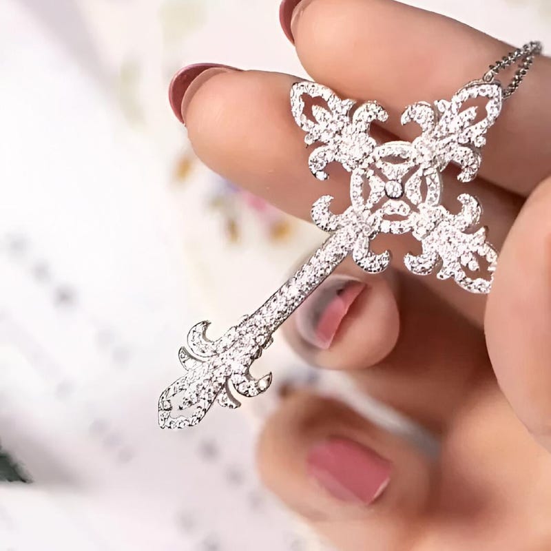 Round Cut Moissanite Diamond Cross Pendant Necklace, 14K White Gold Plated, 925 Sterling Silver