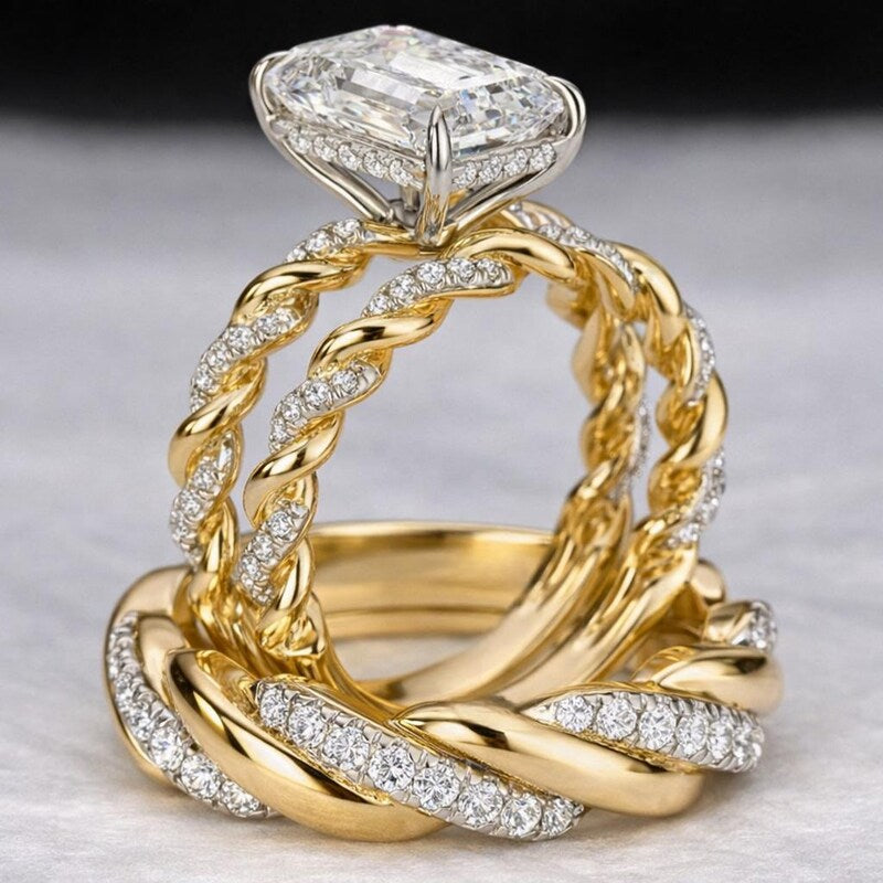 Emerald Cut Diamond Trio Ring Set For Couple, Twisted Sterling Silver Engagement Ring, Pavé Wedding Band