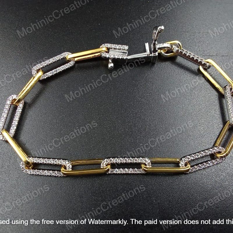 5.00Ctw Round Cut Cubic Zirconia Diamond Women Link  Chain Bracelet. 14K Two Tone Gold Plated Link Bracelet In 925 Sterling Silver Jewelry
