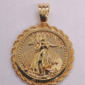 14K Gold Plated Valentine Gift Lady Liberty Coin Shape Pendant, 925 Sterling Silver