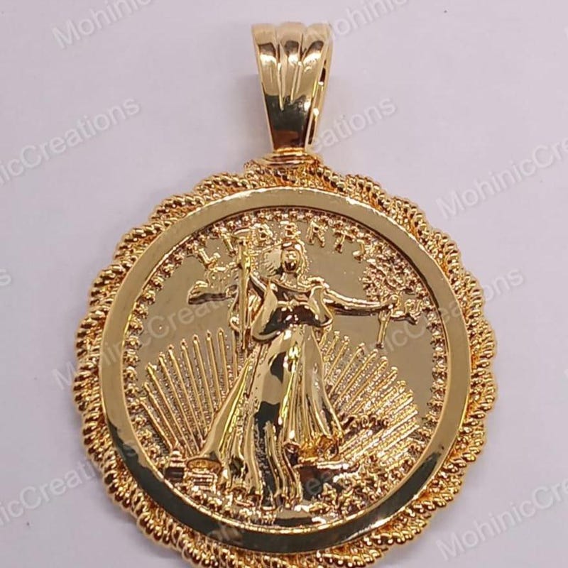 14K Gold Plated Valentine Gift Lady Liberty Coin Shape Pendant, 925 Sterling Silver