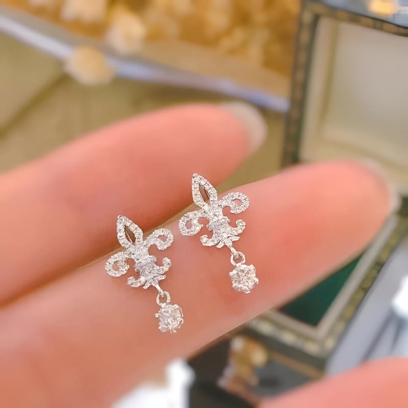 Sterling Silver Cubic Zirconia Fleur-de-Lis Stud Earrings Woman's Drop Dangle 14K White Gold Plated
