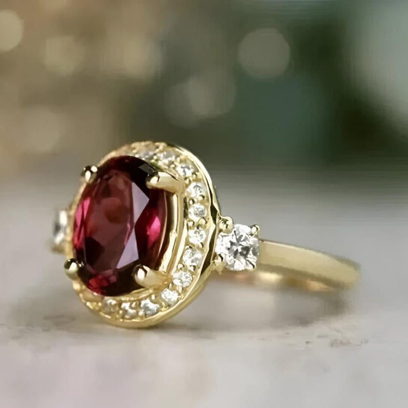 2CT Oval Cut Red Garnet & Diamond Halo Engagement Ring Wedding Ring, Art Deco Filigree Women's Ring , 14K Yellow Gold Plated