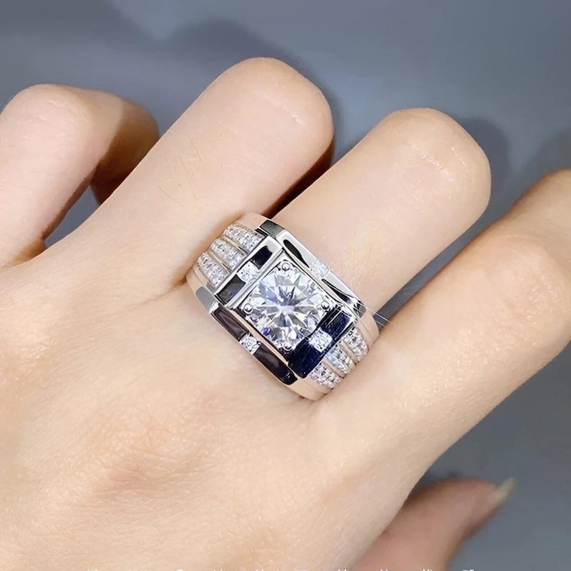 Round Cut Moissanite Cluster Engagement Ring Men's 925 Sterling Silver Wedding Band, 14K White Gold Plated